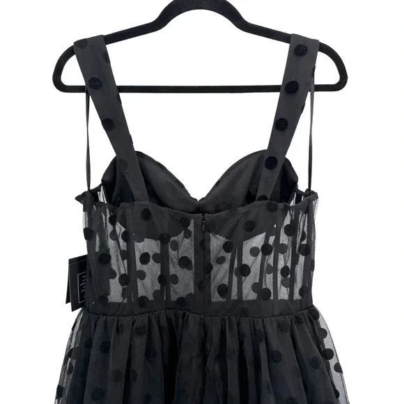 NWT Mac Duggal Black Polka Dot Net Bustier A-Line Midi Dress - Size 10